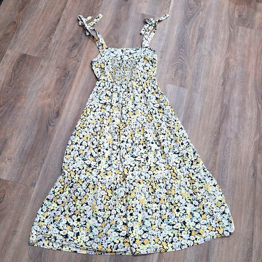Social Standard by Sanctuary Floral Midi Dress Yellow Daisy Tie Strap Large - Picture 6 of 7